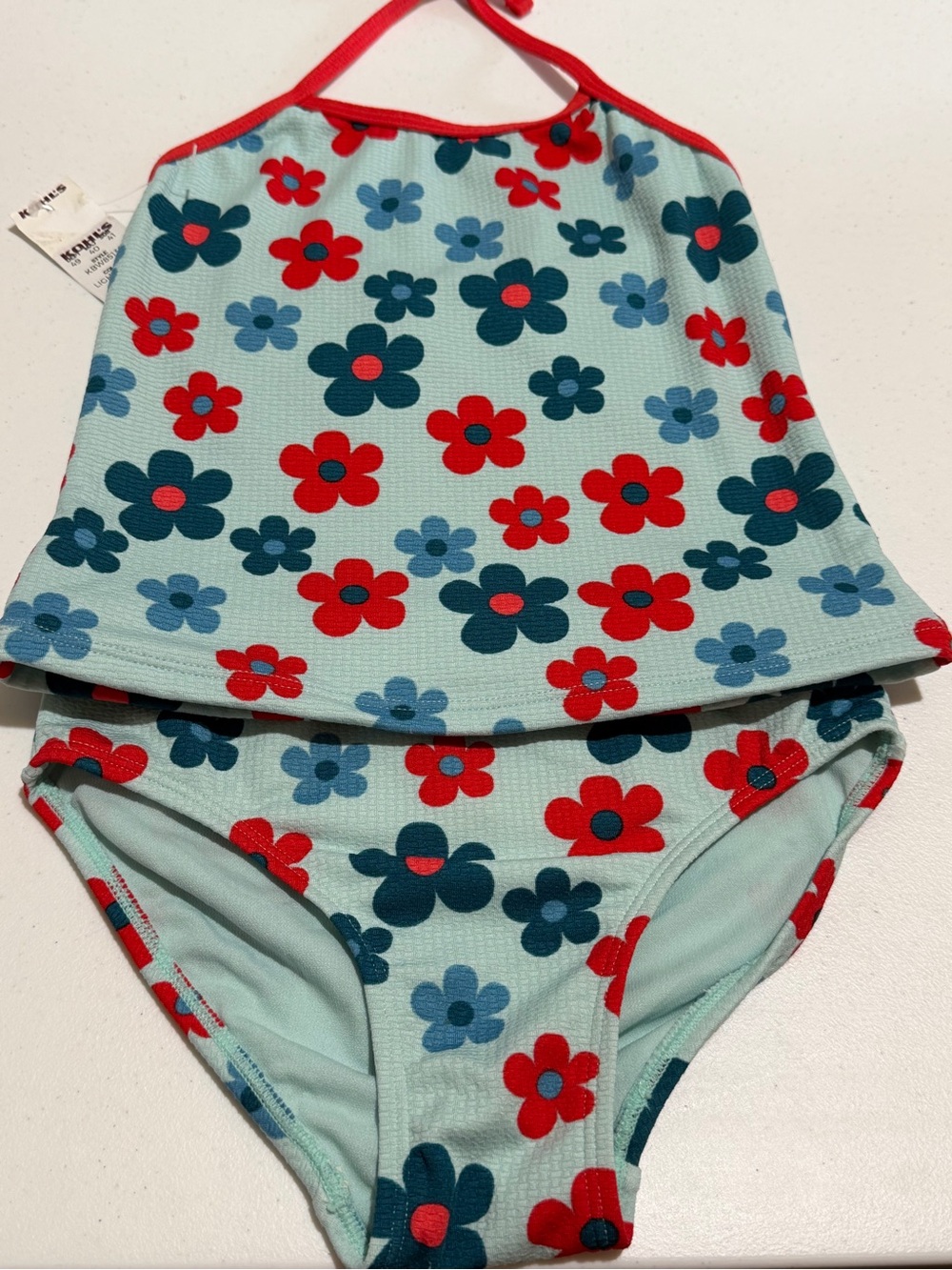 Breaking waves Kids Two-Piece Tankini Swimsuit - Aqua with Red & Navy floral